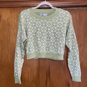Hollister Women’s Crop Sweater Top Light Green Floral Summer 100% Cotton Knit